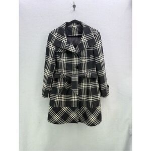 Georgiou Studio Womens Black White Plaid Long Wool Blend Pea Coat Jacket Size 12